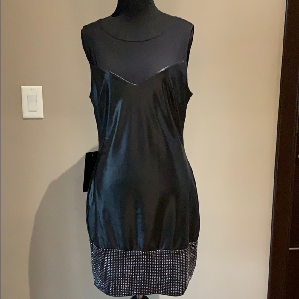 Bebe Black Faux Leather Bling Cocktail Dress